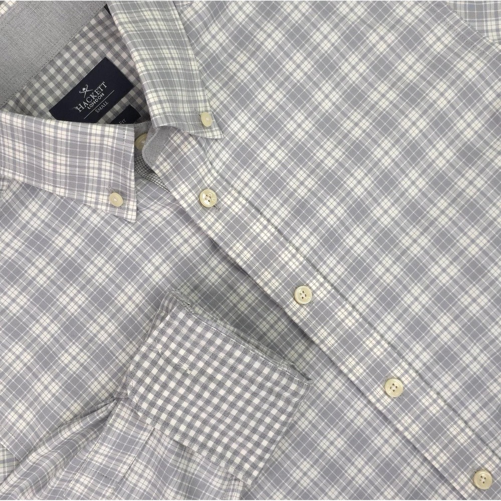 Hackett London Shirt Mens Small Gray‎ Check Slim Fit Button Down Elbow Patch